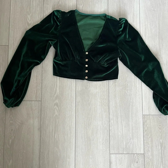 [XS]Green Velvet Cropped Retro LS Blouse - Picture 1 of 4